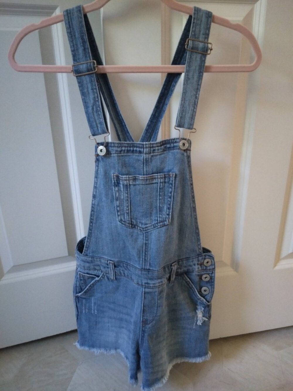 Sexy short denim overalls, size medium.